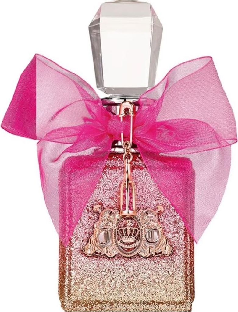A Juicy Couture Viva La Juicy Rose Eau de Parfum bottle with a pink bow and gold accents.