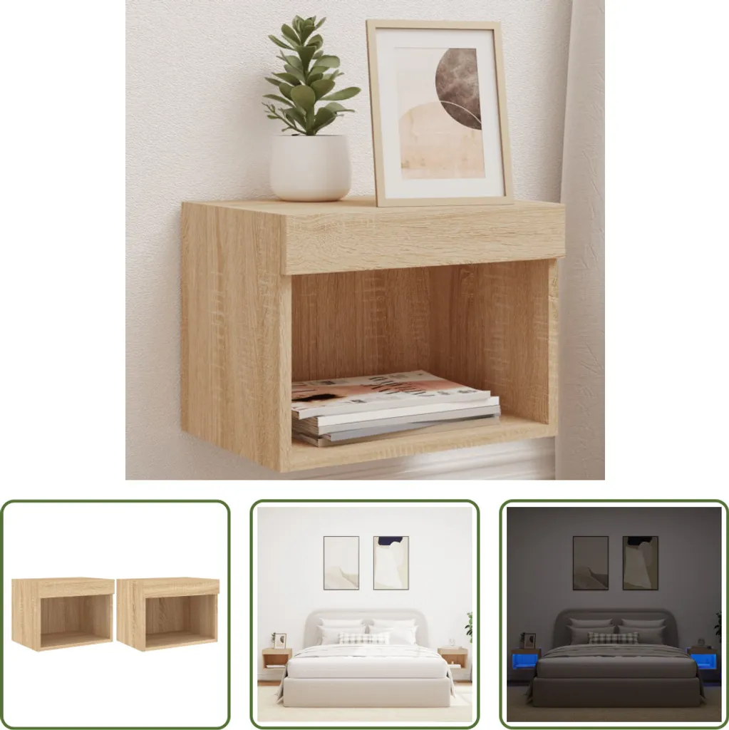 The Living Store Comodini a parete con luci LED 2 pezzi rovere Sonoma