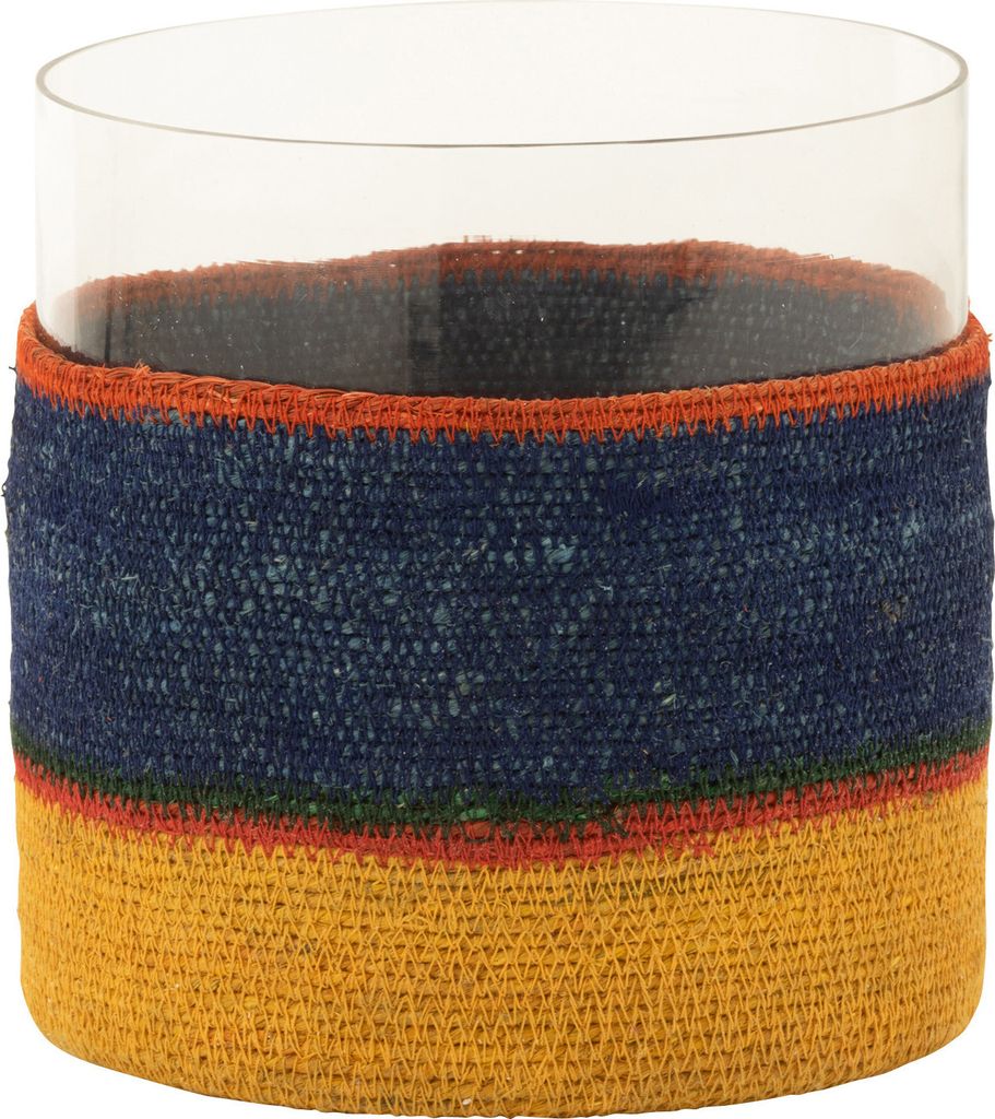 J-Line Teelichthalter Rund+Streifen Glas/Seegras Dunkel Blau/Gelb