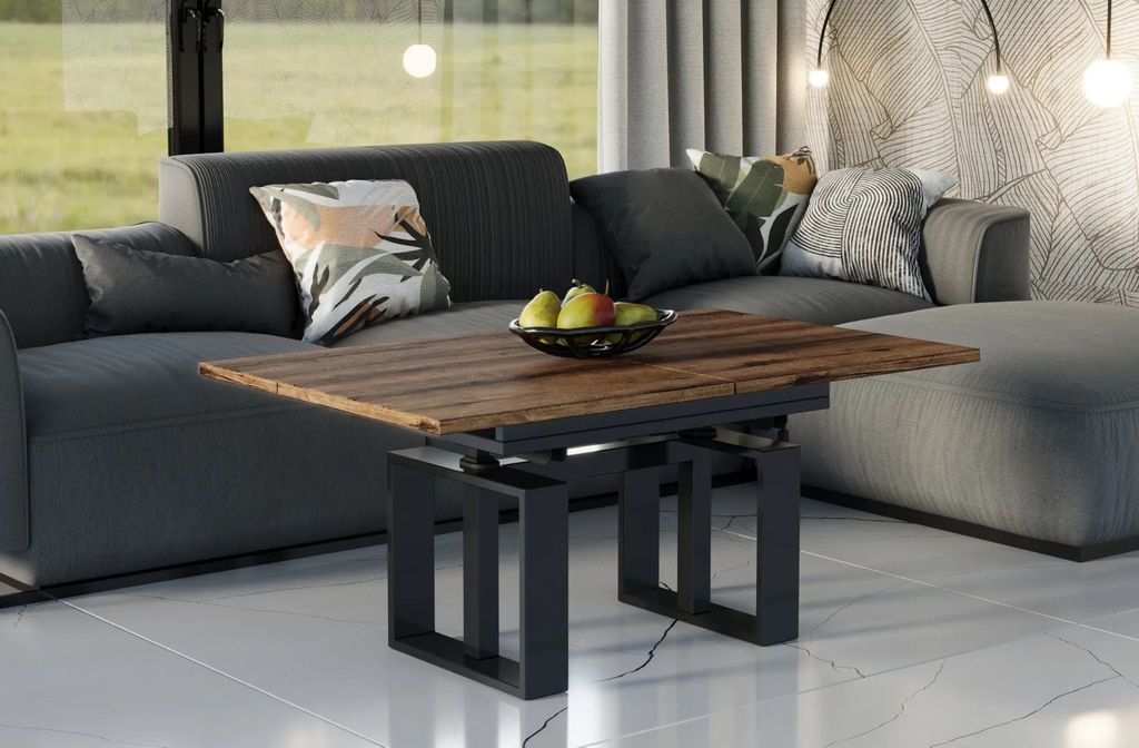 A modern living room with a grey sectional sofa and a wooden coffee table in front of it.