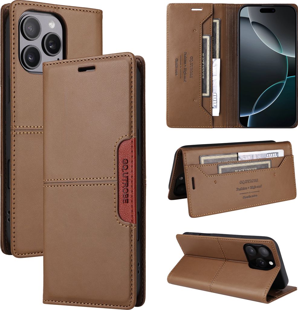 Handyhülle für iPhone 15 Pro Max Hülle, Leder Flip Wallet Kartenfach Stand Schutzhülle Braun