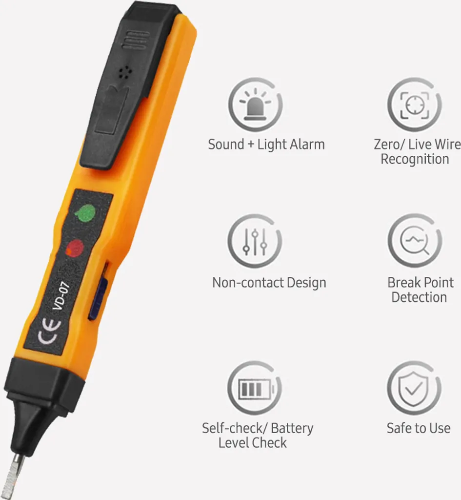 Penna tester di tensione AC senza contatto AC 70-250V DC 250V Rilevatore portatile NCV con doppio allarme sonoro e luminoso, riconoscimento di zero/fili in tensione, rilevamento del punto di interruzione, controllo del livello della batteria - 4