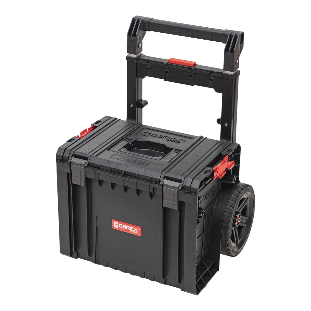 A black rolling tool cart with a red logo on the side, shown against a white background.