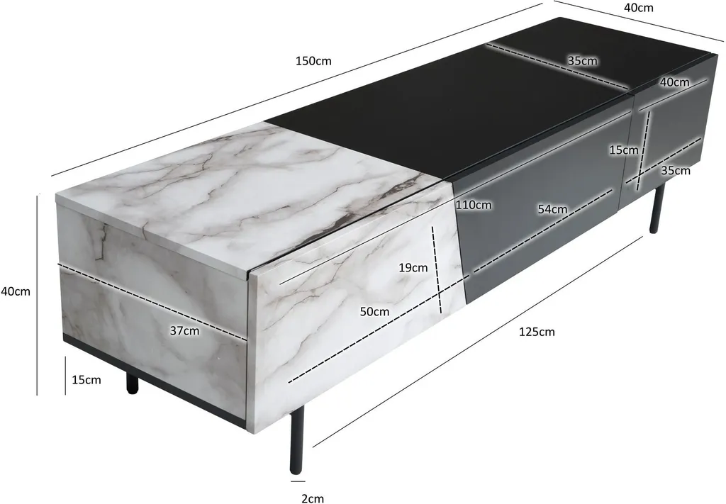 Commode TV Basse 150x40 cm pour Salon Moderne Noir et Marbre Chic