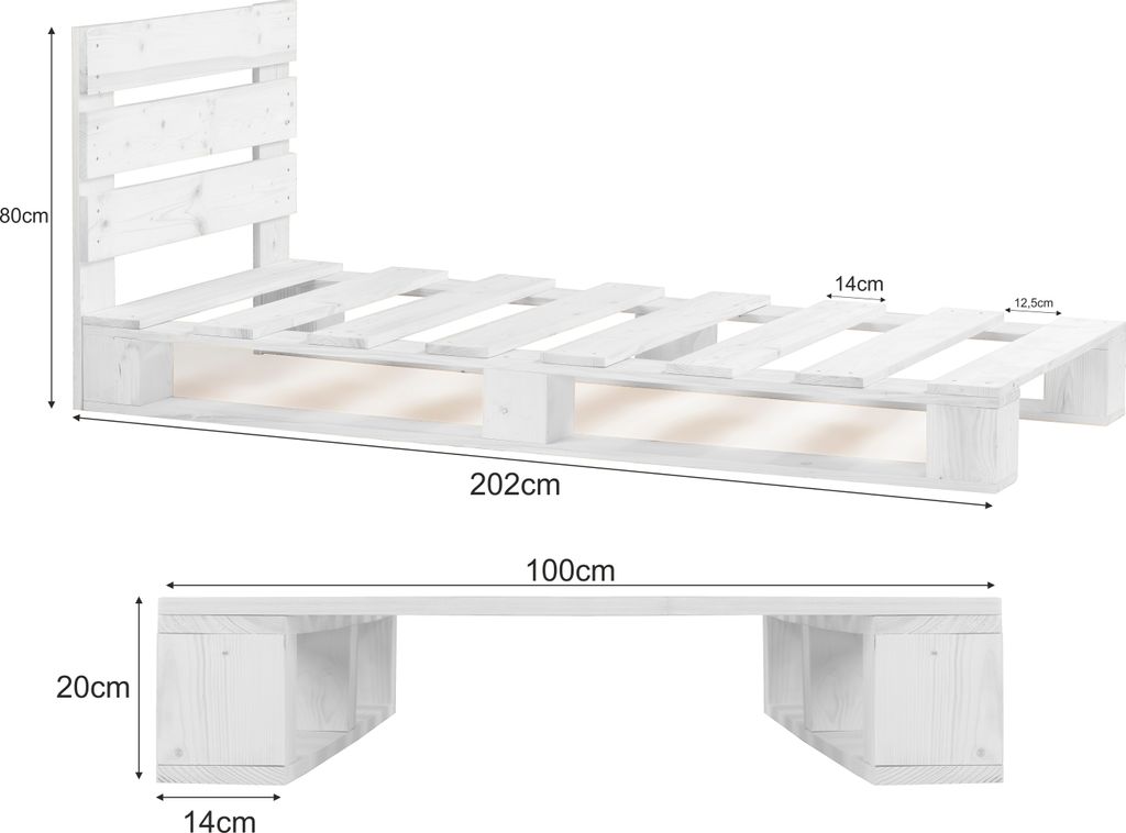 sunnypillow 100x200 cm Palettenbett mit Kopfteil Weiß Massivholzbett Bett aus Paletten Palettenmöbel Fichte europalette Weiss 80 90 100 120 140 1...