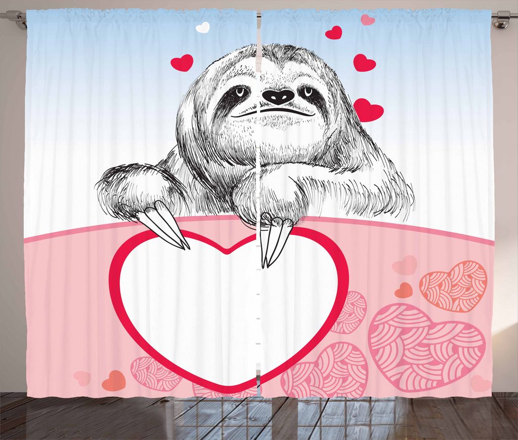 ABAKUHAUS Faultier Rustikaler Gardine, Romantisches Sloth in Love, Schlafzimmer Kräuselband Vorhang mit Schlaufen und Haken, 280 x 175 cm, Rosa He...