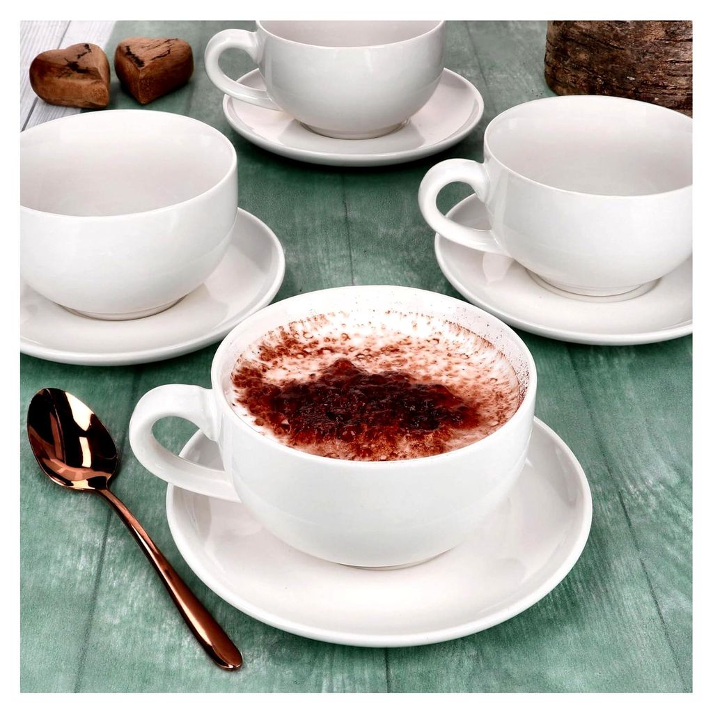 4-teiliges Set CREME Cappuccinotassen mit Untertassen I 4x bauchige Becher 200 ml & 4x Untertassen aus Steingut für 4 Personen I Cremeweiß I schl...