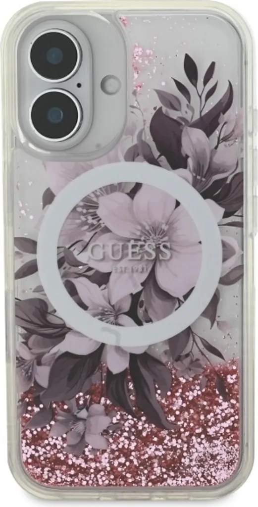 Cover Guess iPhone 16 MagSafe Liquid Glitter Flower Rosa Originale