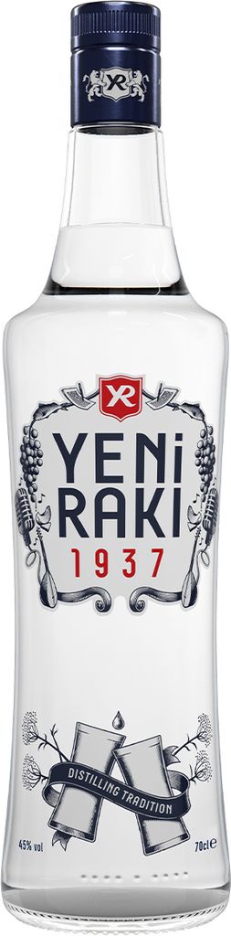 A clear product shot of a bottle of Yeni Raki.