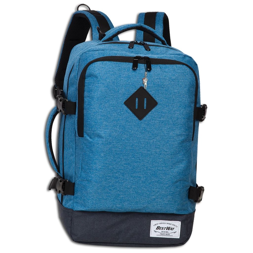 A blue backpack on a white background.