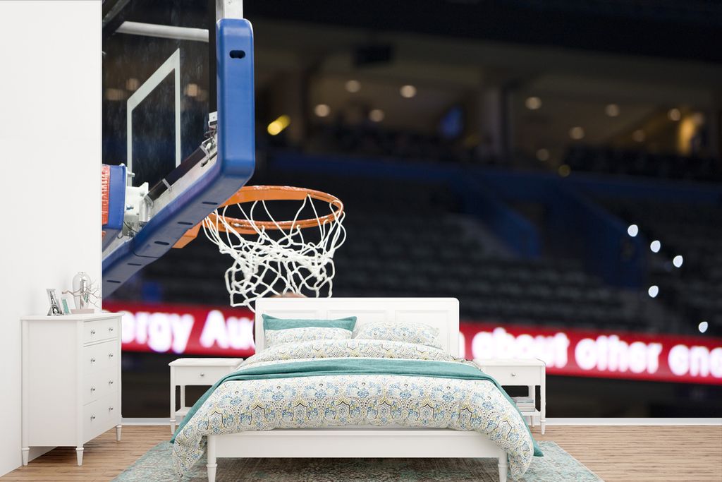 MuchoWow Fototapete für Wohnzimmer oder Schlafzimmer Wandtapete Vinyl Motivtapete Basketball geht durch den Korb - 360x240 cm - Vinyl-Tapete