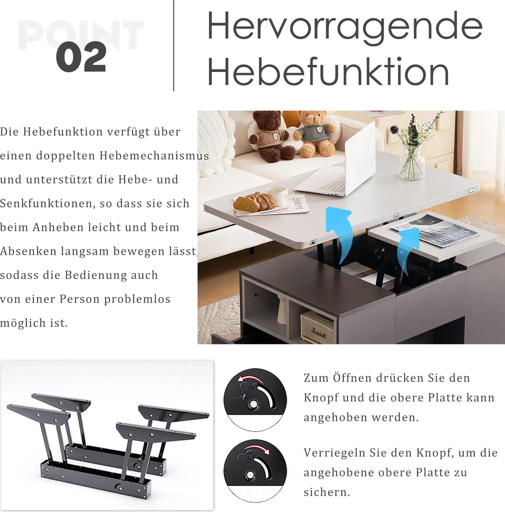 Table basse relevable bicolore grise avec rangement moderne pour salon - 9