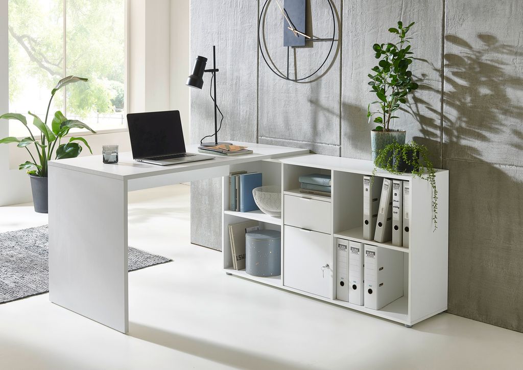 BMG Möbel Eckschreibtisch Lena in weiß mit abschließbarer Tür, Computertisch, Winkelschreibtisch, Homeoffice, Bürotisch, Germany