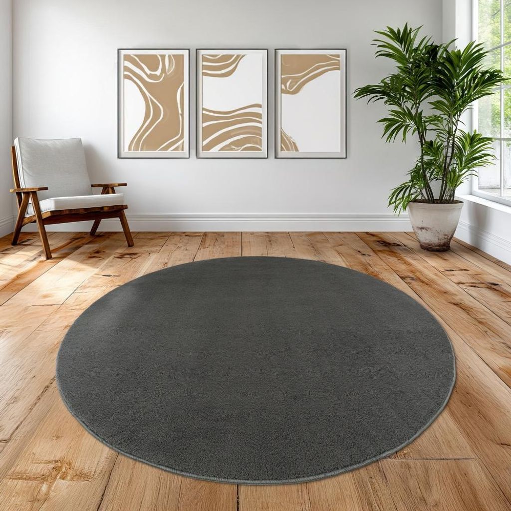 Anthrazit Teppich stilvoll weich modern pflegeleicht mit elegantem uni Design Größe - 200 cm Rund