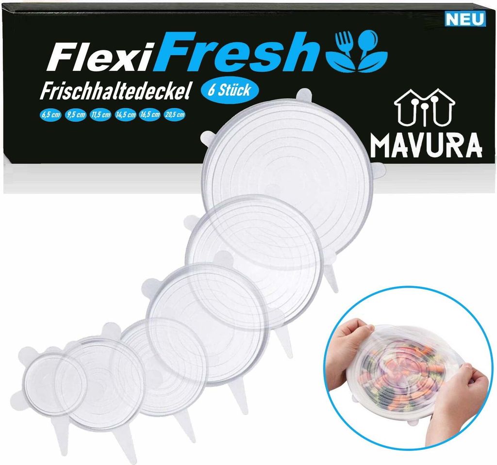 FlexiFresh Silikon Deckel Frischhalte Universal dehnbar Wiederverwendbar 6er Set