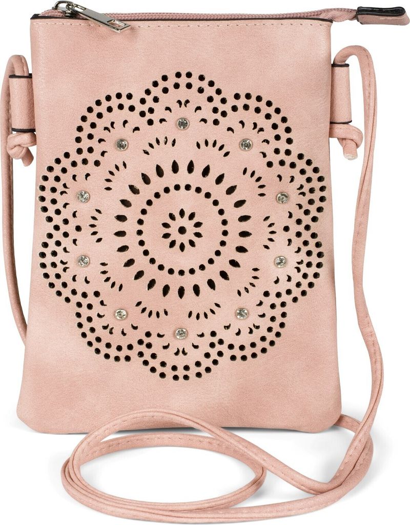 styleBREAKER Damen Mini Umhängetasche mit Blumen Lasercut Cutout Muster und Strass | kleine Crossbody Bag Schultertasche Handytasche 14,5 x 19 cm