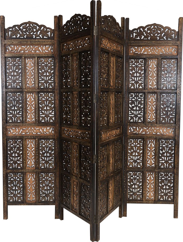 Orientalischer Paravent Raumteiler aus Holz Krishna 200 x 180cm hoch in Braun | Indischer Trennwand als Raumtrenner oder Dekoration im Zimmer oder ...
