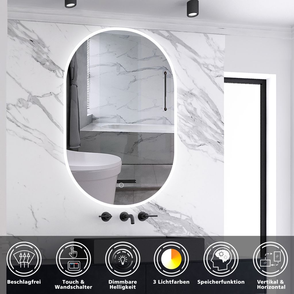 AICA LED Badspiegel Oval 50x90cm mit Touch/Wandschalter Produktbild 