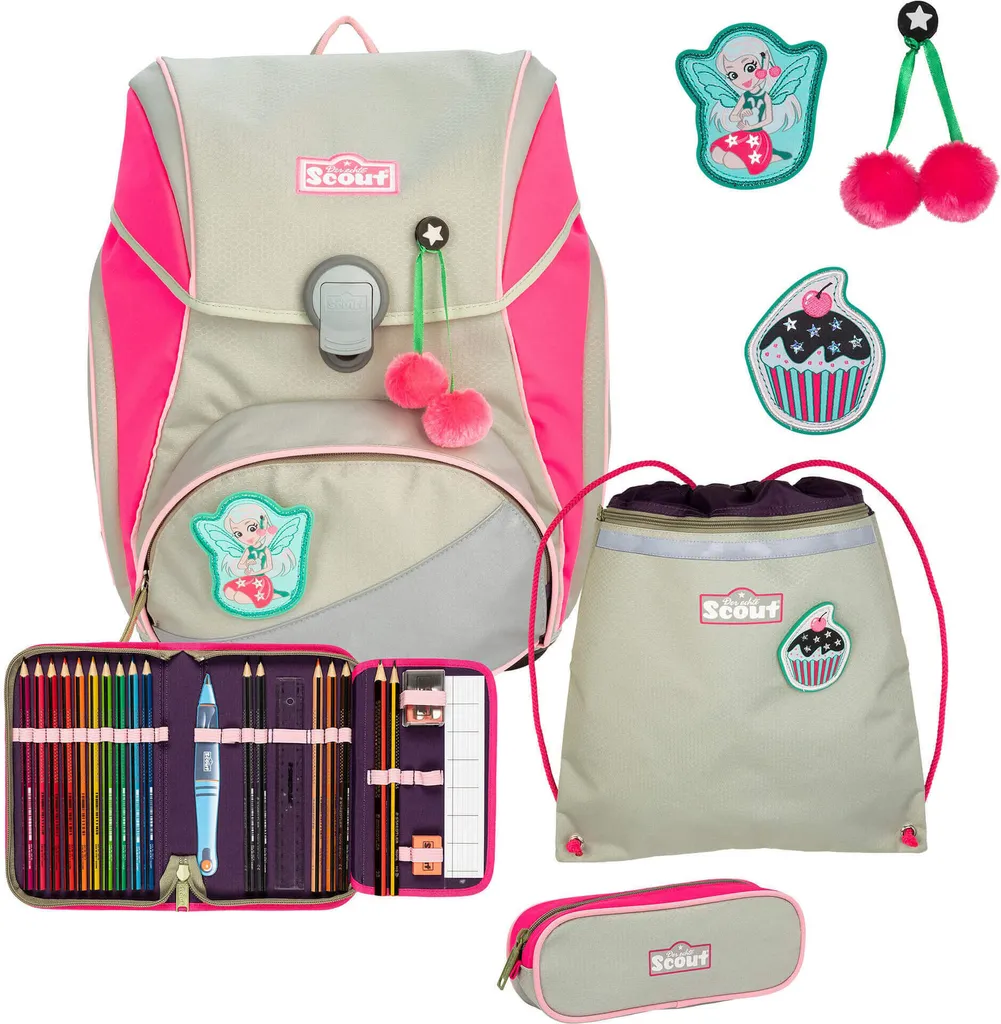 Scout Alpha Set 4 pièces Pink Cherry beige : Cartable ergonomique enfant