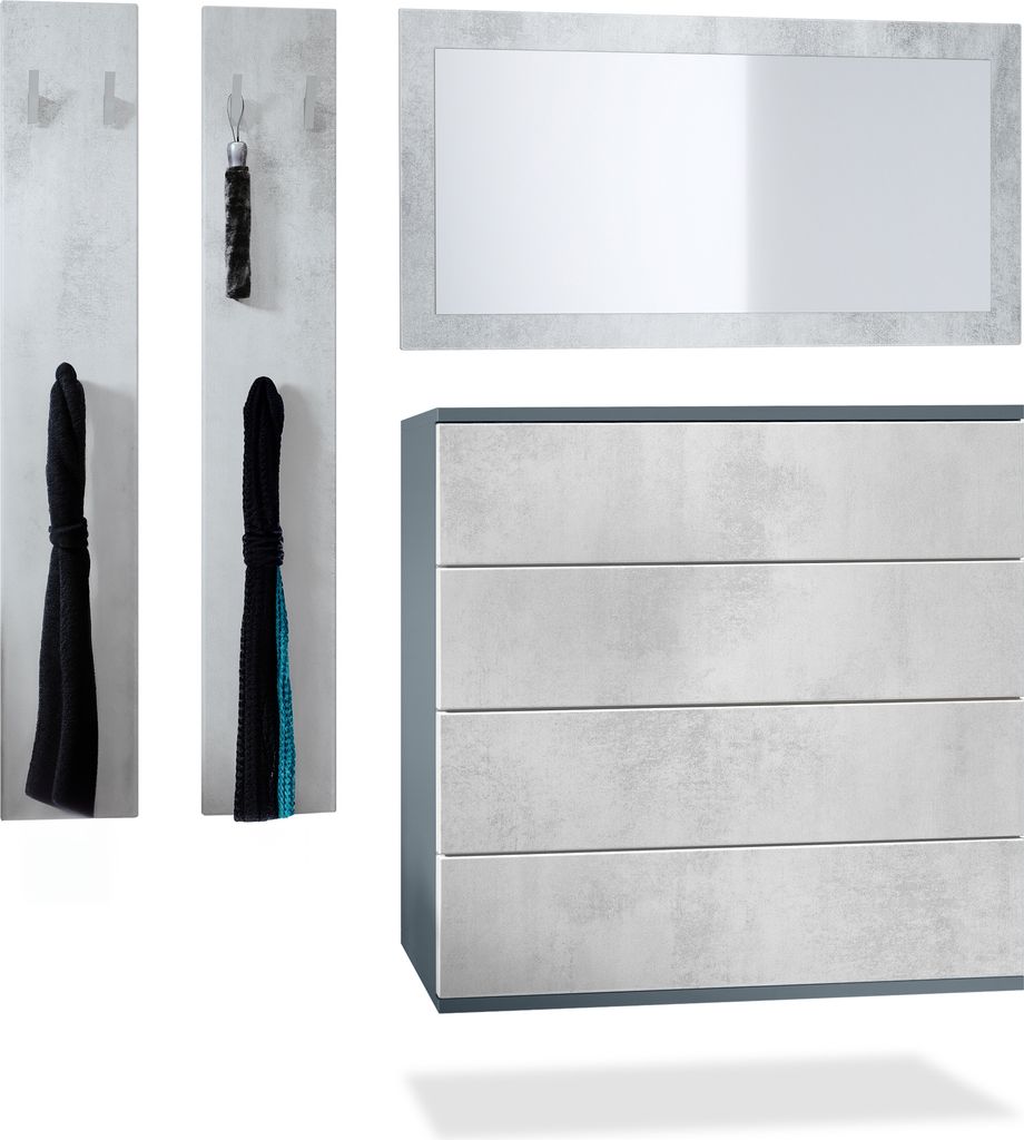 Vladon Garderoben-Set Horizon, bestehend aus 1 Kommode mit 4 Schubkästen, 1 Spiegel und 1 Wandpaneel Set, Anthrazit matt/Beton Oxid Optik