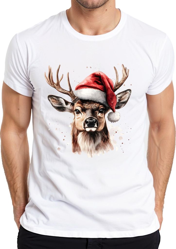 Weihnachtshirsch Rentier Aquarell realistisch Weihnachten Herren T-Shirt, Weiß, L