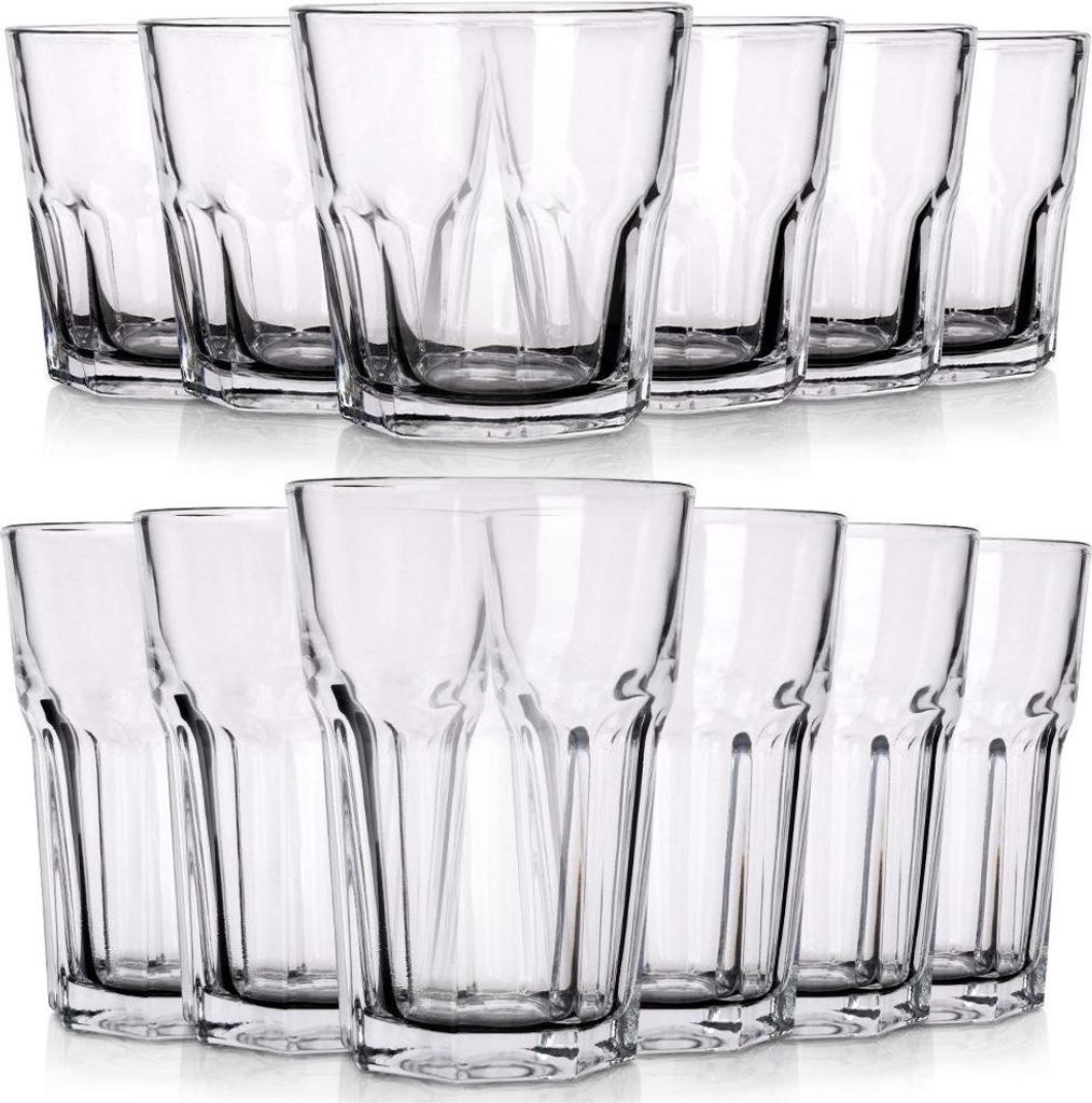 Two rows of clear drinking glasses against a white background.