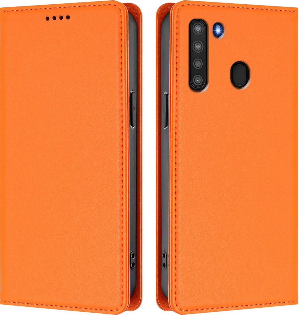 Handyhülle für Samsung Galaxy A21, Kunstleder Klapphülle Stoßfeste Magnetische Hülle mit Ständer Orange