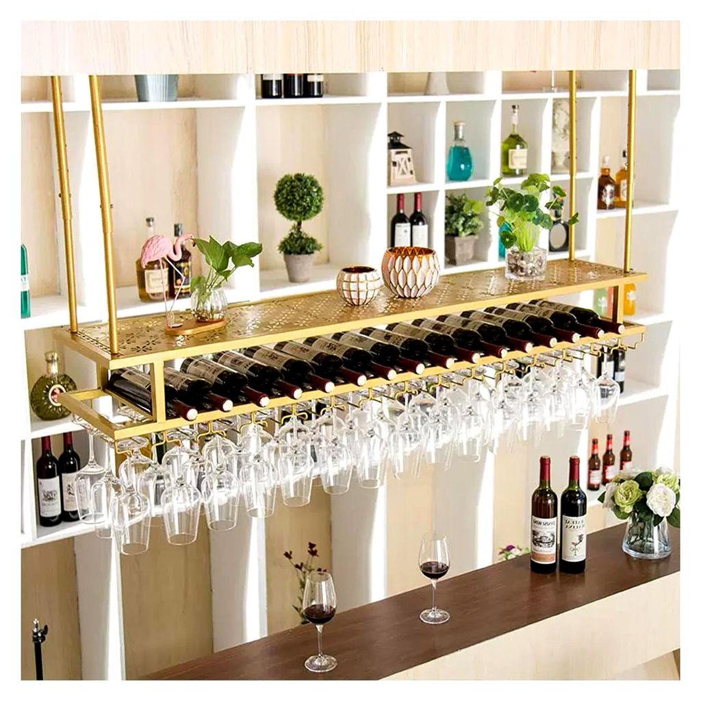 Hängendes Weinregal, Deckenregal, 2-stöckiger Flaschen-/Glashalter im Industriestil, Spirituosenregal aus Eisen, Organizer für Küche und Weinke...