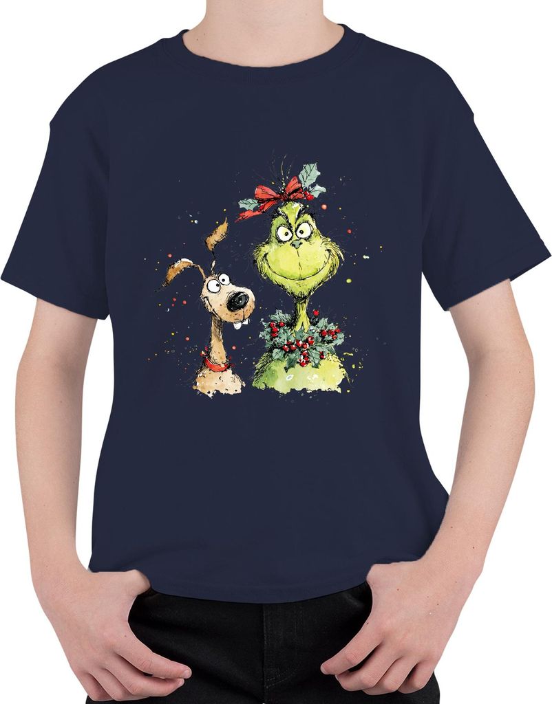 Grinch Weihnachtskranz Schleife mit Hund lustig Weihnachten Uni Kinder T-Shirt, Navy, 104