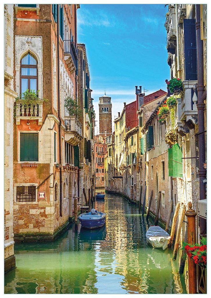 Wallario Premium Glasbild, freischwebende Optik, kräftige Farben, Größe 100 x 70 cm Motiv Urlaub in Venedig Kanal zwischen bunten Häusern