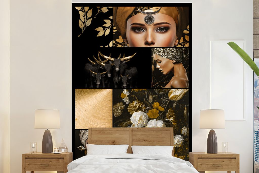 MuchoWow Fototapete für Wohnzimmer oder Schlafzimmer Wandtapete Vinyl Motivtapete Schwarz - Gold - Frauen - Glitter - 160x240 cm - Vinyltapete