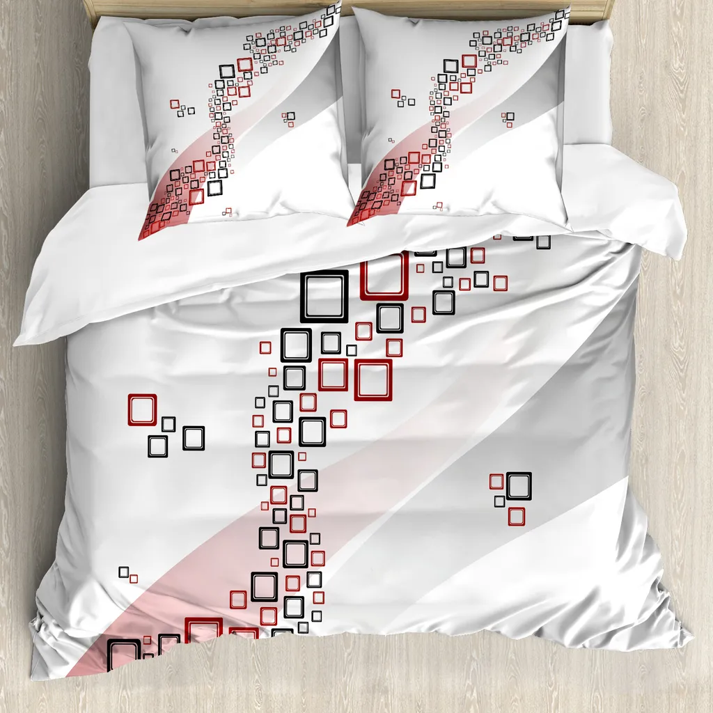 ABAKUHAUS Copripiumino astratto, forme ondulate, antiacaro, adatto a chi soffre di allergie, con federe, 155 cm x 220 cm - 80 x 80 cm, grigio e rosso