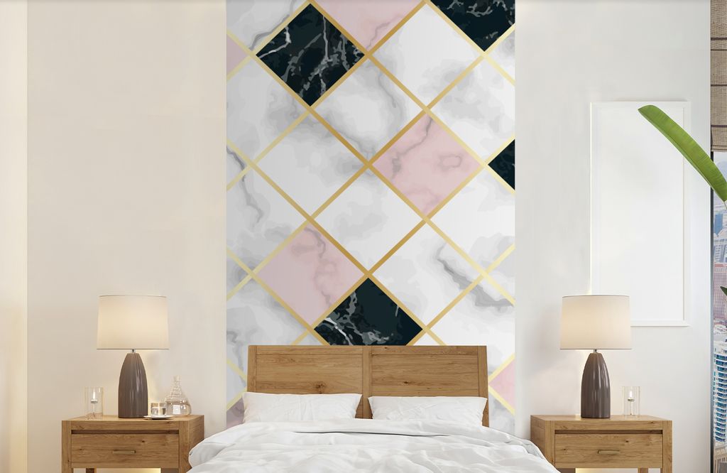 MuchoWow Fototapete für Wohnzimmer oder Schlafzimmer Wandtapete Vinyl Motivtapete Marmor - Geometrische Formen - Muster - Luxus - 120x240 cm - H...