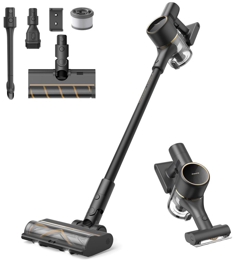 A cordless vacuum cleaner and its accessories are displayed against a white background.