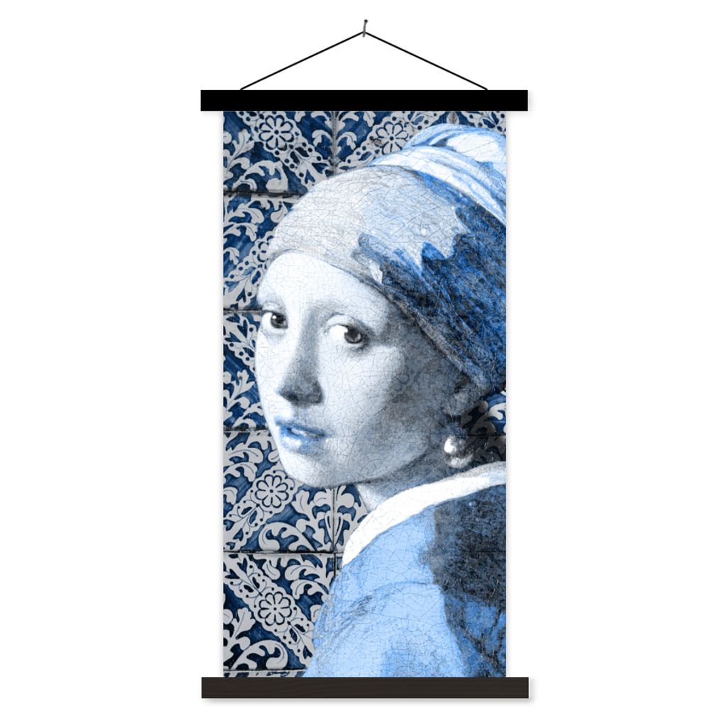 MuchoWow Textilposter Mädchen mit Perlenohrring - Vermeer - Delfter Blau 40x80 cm mit schwarzem Rahmen - Wandemalerei