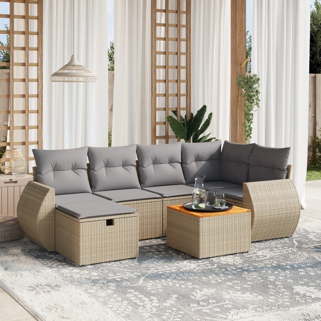 7-tlg. Garten-Sofagarnitur - mit Kissen Beige Poly Rattan - Gartenmöbelset 3265063
