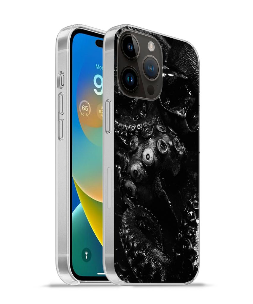 MuchoWow Handyhülle Schutzhülle Hülle für Apple iPhone 14 Pro Max Nahaufnahme Oktopus auf schwarzem Hintergrund in schwarz und weiß Silikon ...