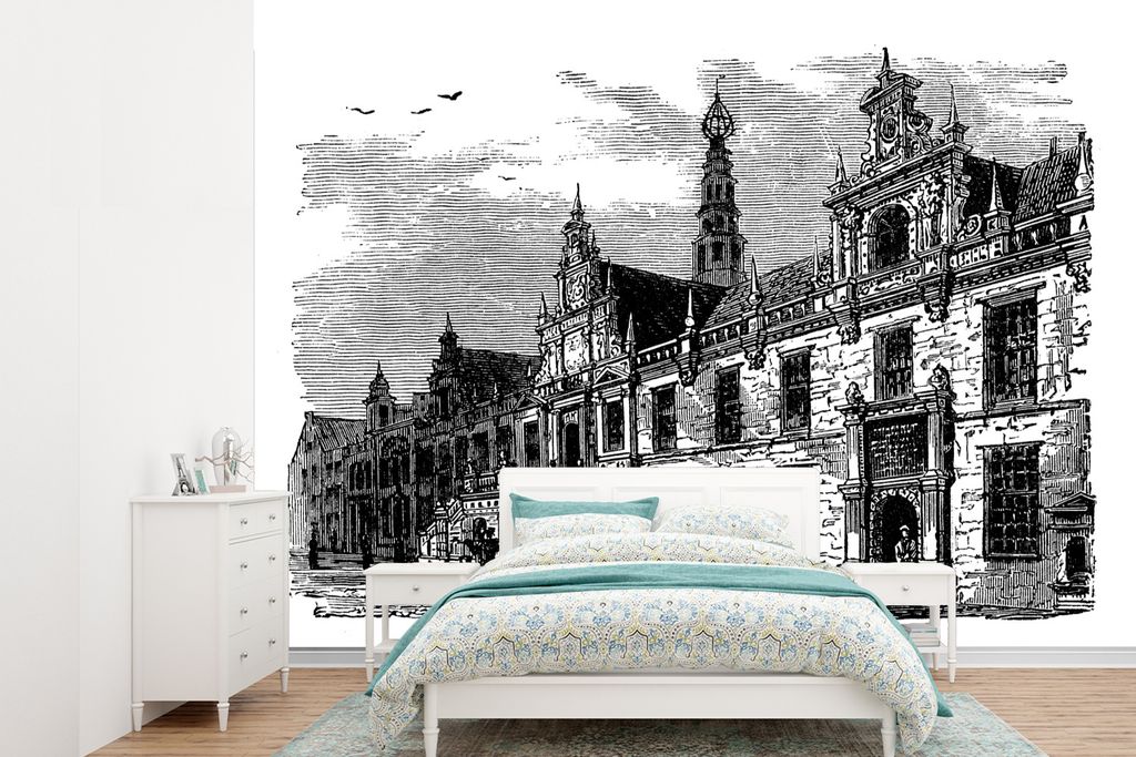 MuchoWow Fototapete für Wohnzimmer oder Schlafzimmer Wandtapete Vinyl Motivtapete Schwarz-Weiß-Abbildung des Rathauses von Leiden - 330x240 cm ...