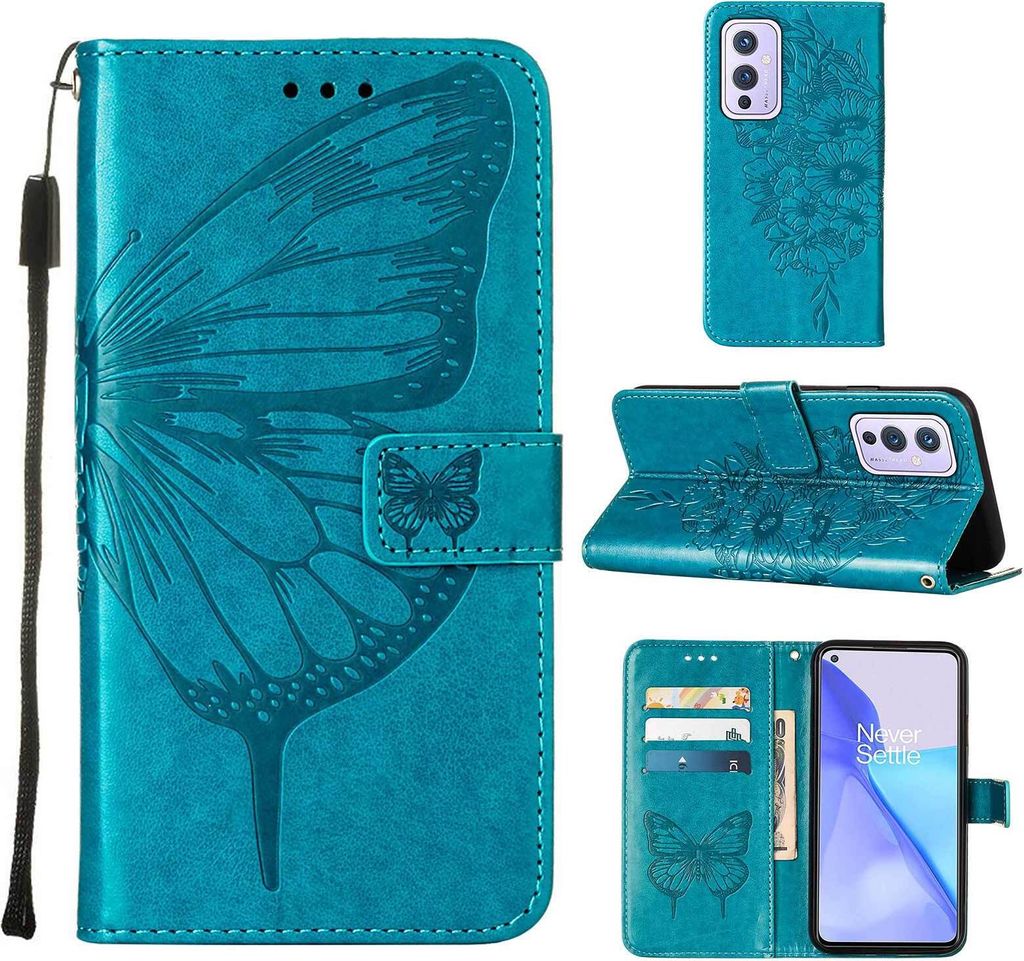 OnePlus 9 Hülle, Schmetterling Prägung Flip Leder Kartenfächer Schutzhülle Ledertasche mit Ständer für OnePlus 9 Blau
