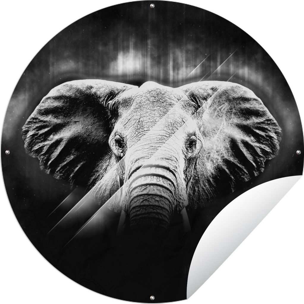 MuchoWow Gartenposter Outdoor-Poster Rund Elefant - Linie - Licht - Schwarz - Weiß Ø 60 cm Gartendeko Rundes Poster draußen