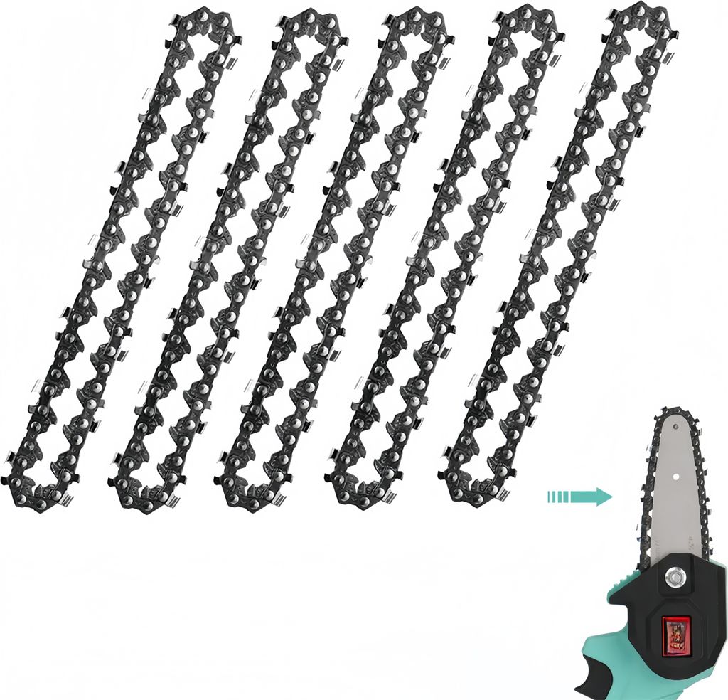 A collection of chainsaw chains and a mini chainsaw attachment.