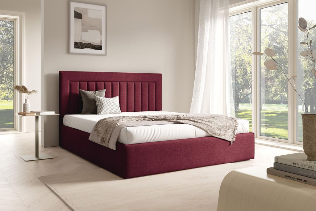 FURNISTAR Polster BEA I mit kasten|Doppel mit Stauraum und Lattenrost|Boxspring-Optik|ohne Matratze|Schlafzimmer - Weinrot