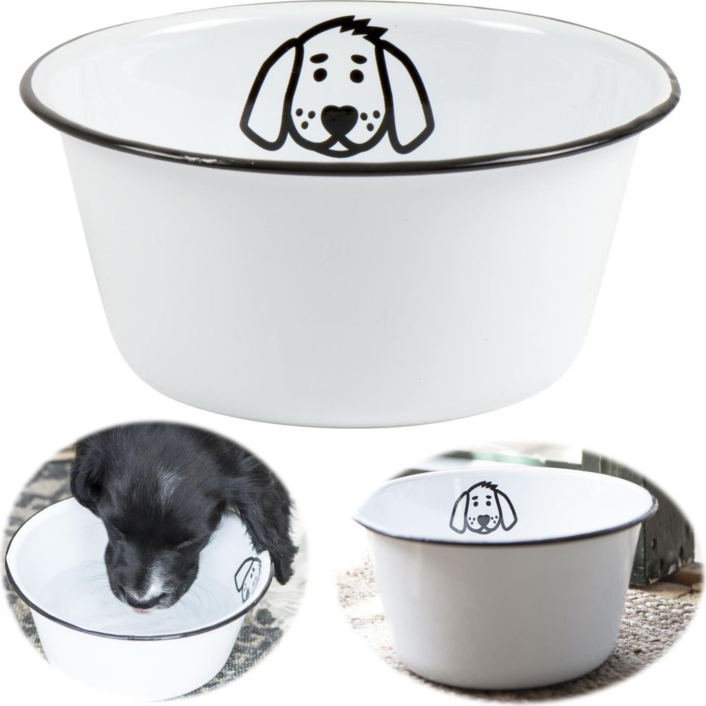 LS-LebenStil Vintage Fressnapf für Hunde Emaille Weiß 22x11cm Retro mit Motiv Napf Hundenapf Wassernapf Futterstation Futterbar Reisenapf groß K...