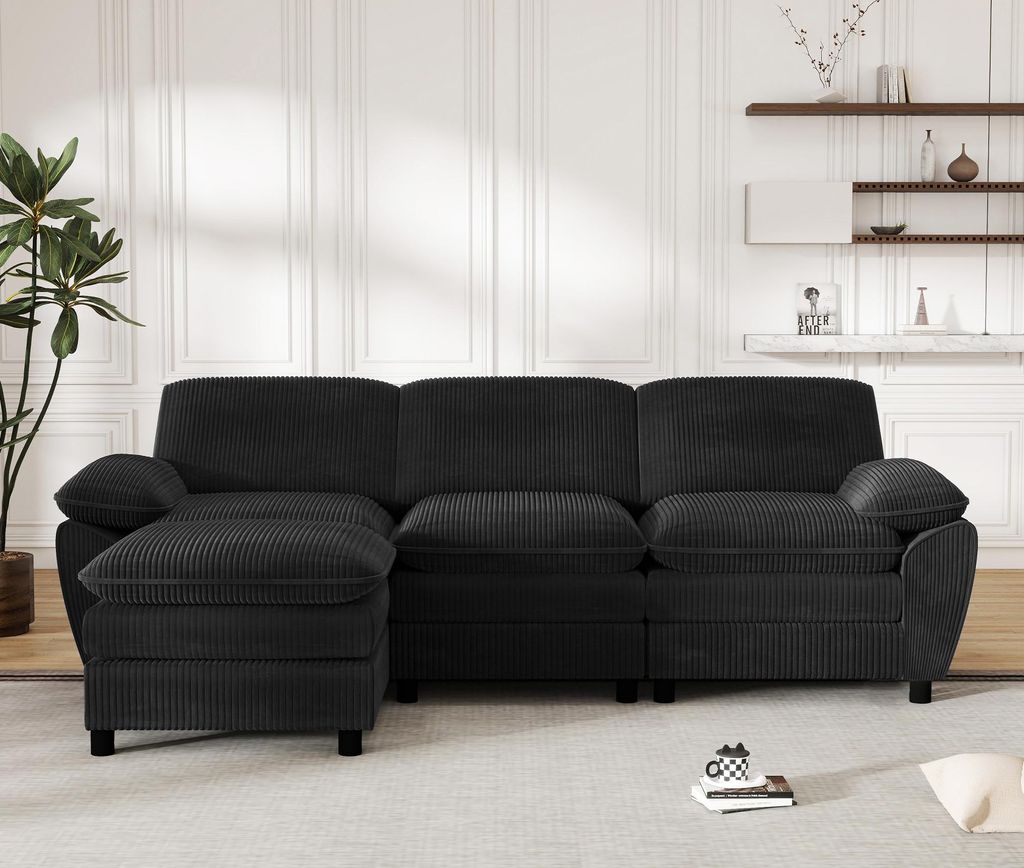 LVHOM L-Form Ecksofa mit Schlaffunktion & abnehmbarer Ottomane – Modulare Stoff Couch, 258cm, Schlafsofa für 3 Personen, Schwarz