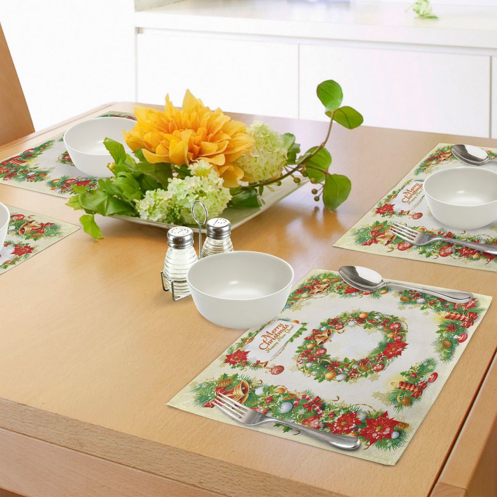 ABAKUHAUS Weihnachten Platzmatten, Altmodische nostalgische Weihnachtsgraphik-Fahnen mit einem Gruß-Text-Kunst-Druck, Tiscjdeco aus Farbfesten Sto...