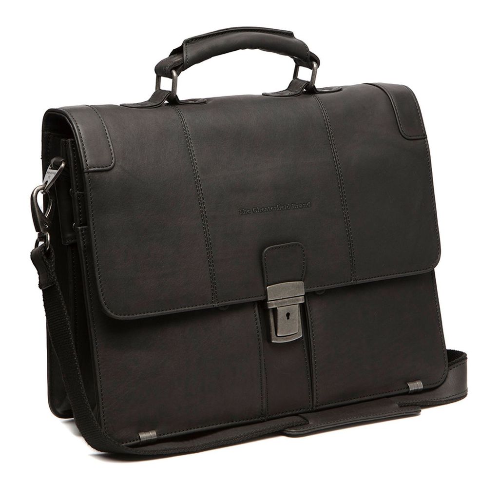 The Chesterfield Brand Leder Aktentasche Umhängetasche mit Laptopfach Stuttgart Business Bag Black schwarz