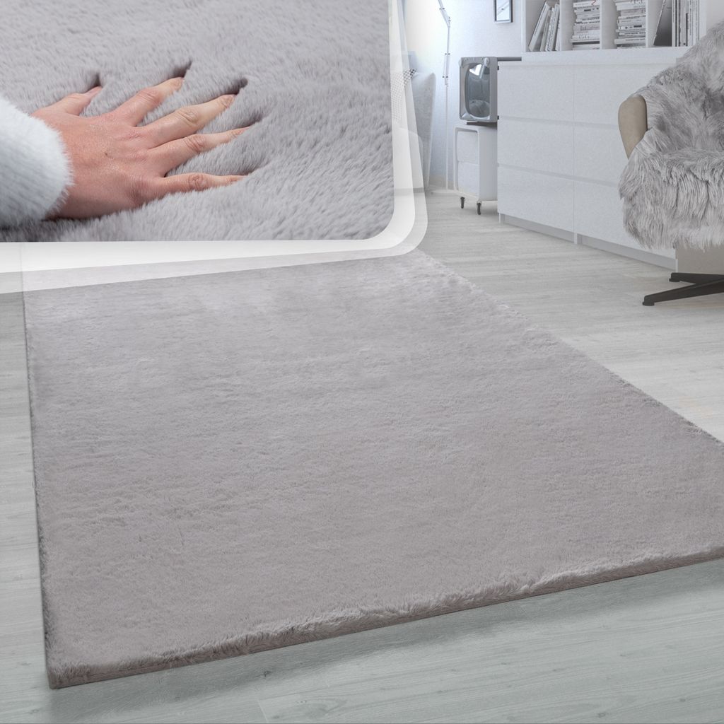 Hochflor Teppich Für Wohnzimmer Softes Kaninchenfell Imitat Kunstfell In Grau Grösse 100x200 cm