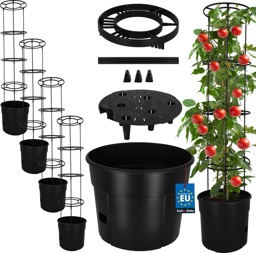 KOTARBAU 4er Set Tomatenpflanze Pflanzkübel 39 cm mit Rankhilfe 153 cm Tomatentopf für Balkon Pflanzenstütze Schwarz