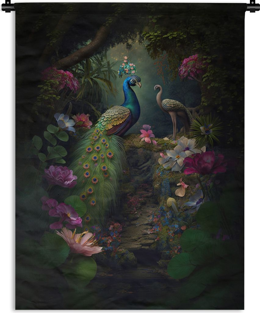 MuchoWow Wandteppich Wandbehang Pfau - Blumen - Vögel - Dschungel 150x200 cm Tapisserie Dekoration Wandtuch - Wandaufhängung - Moderner
