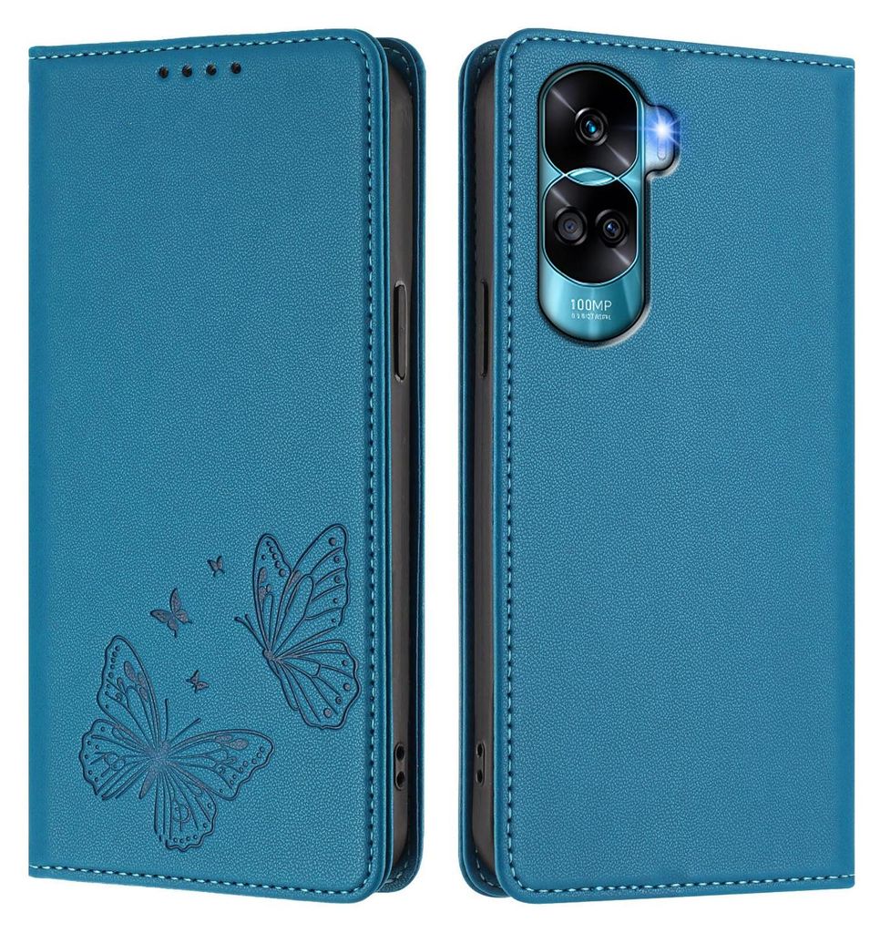 Lederhülle für Honor 90 Lite, Schmetterling Prägung Leder Brieftasche Schutzhülle mit Ständer Blau